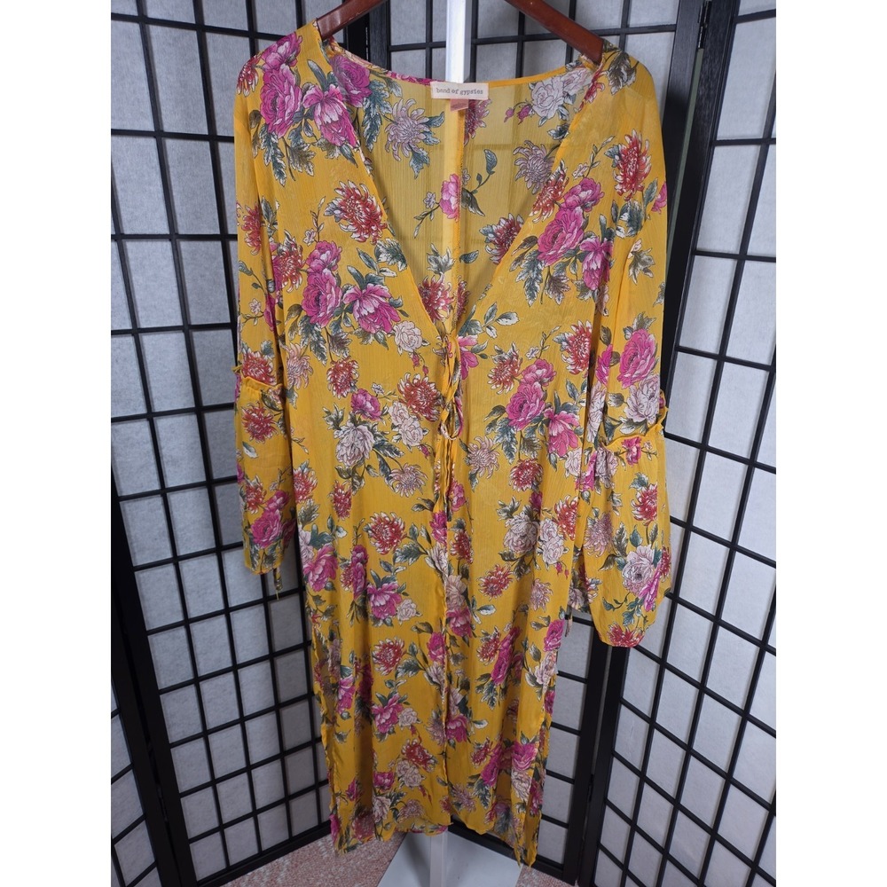 Band‎ of Gypsies Boho Hippie Duster Yellow Floral Long Sleeve Tie V-Neck SZ L